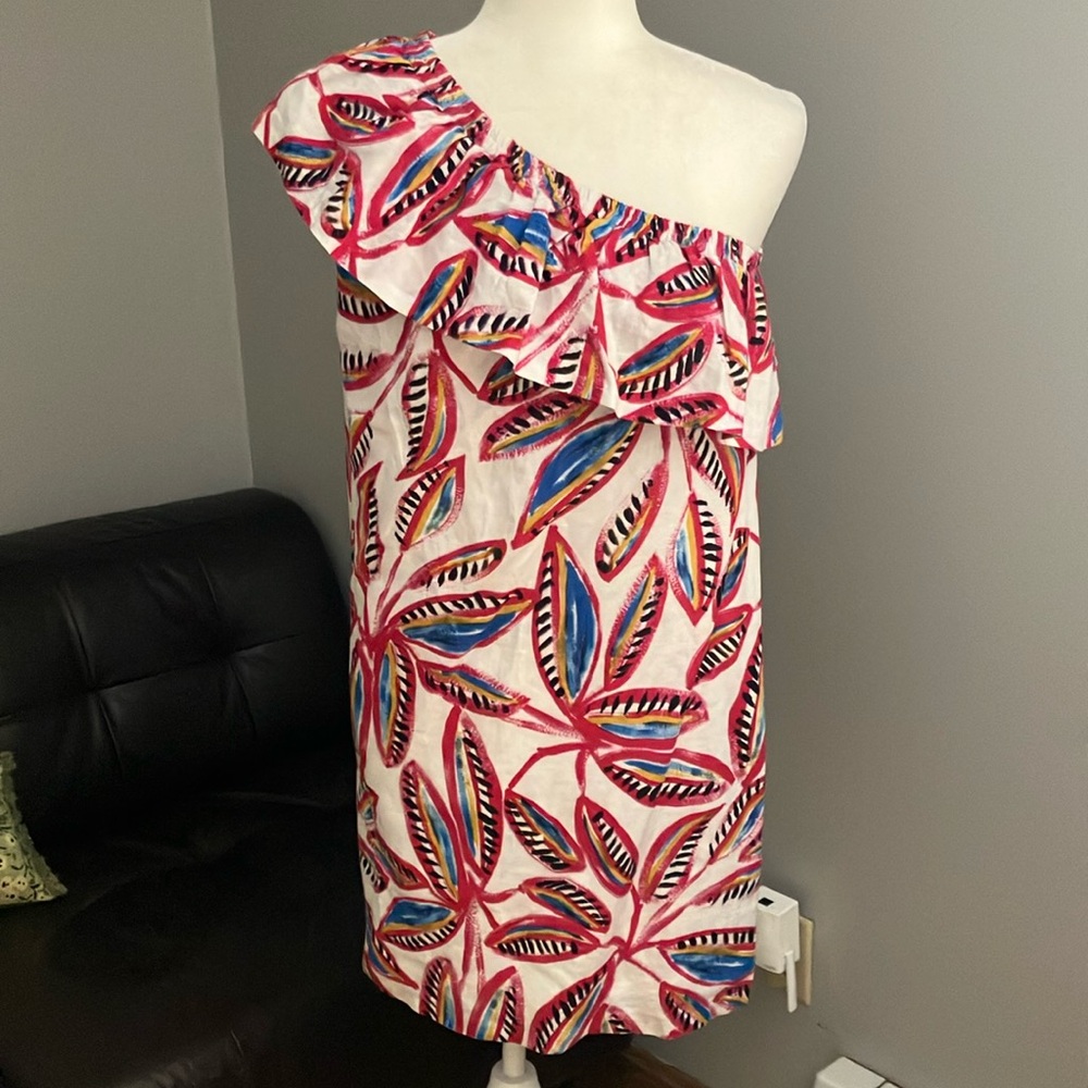 J Crew linen & cotton one shoulder tropical print shift dress S EUC